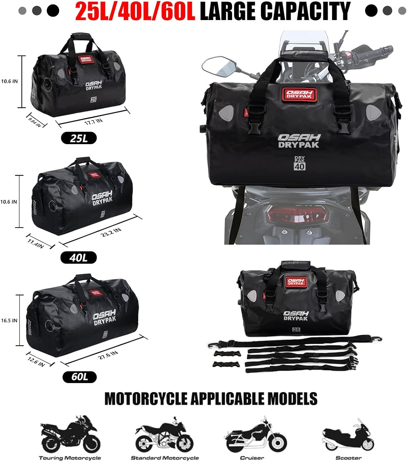 Waterproof Duffel& Luggage Bag – Motorcycle Dry Bag Tail Saddle Bags with Roll T
