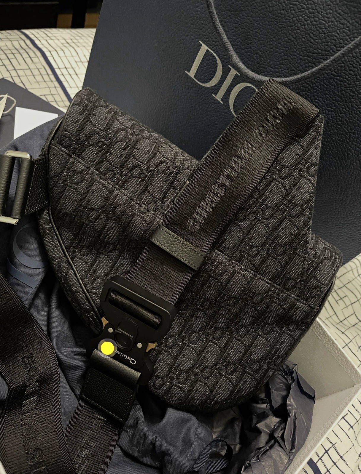 Dior Oblique Monogram Saddle Crossbody Bag Black Medium Adjustable Strap