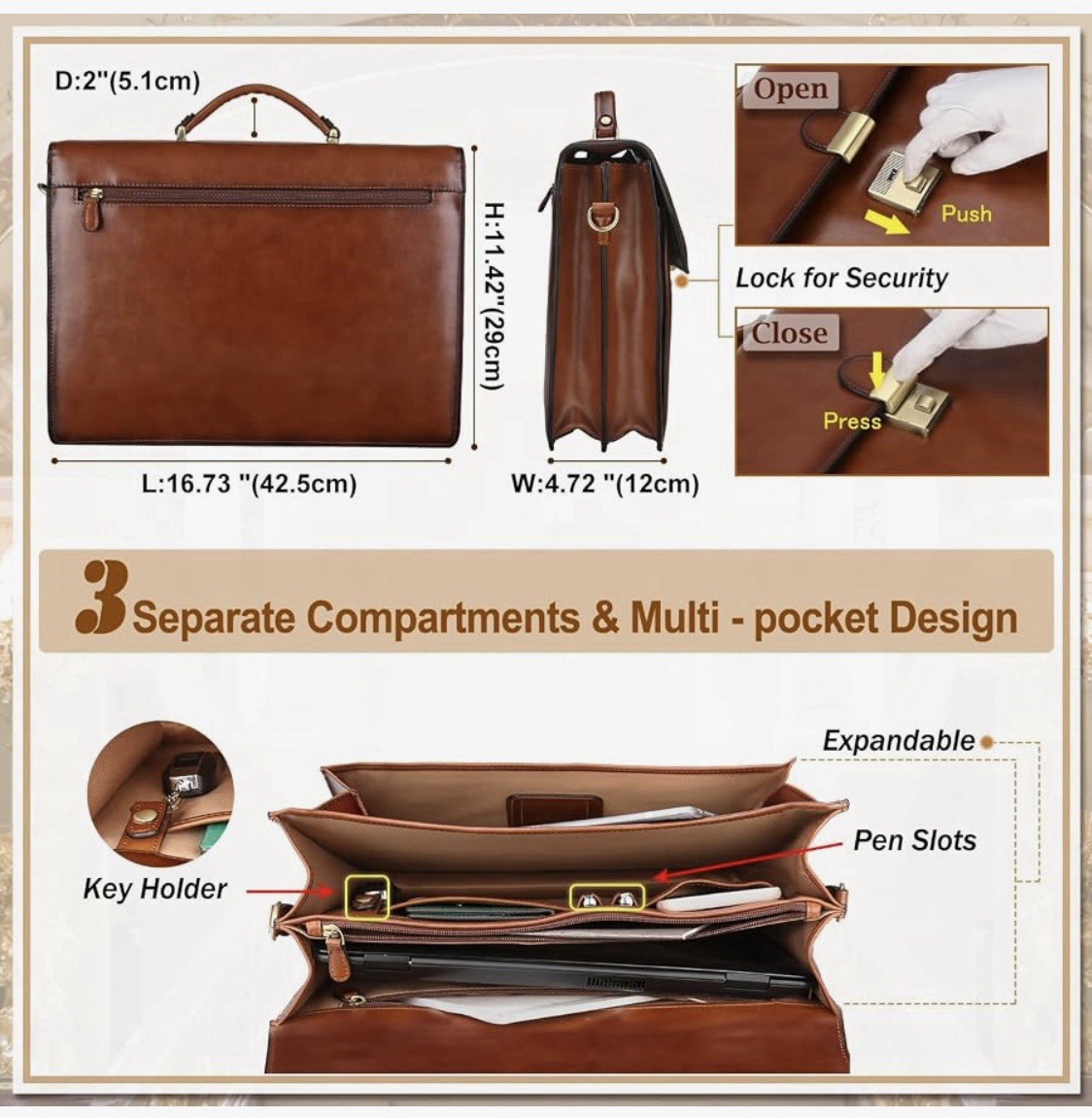 Banuce Brown Briefcase/Document Case Buckle Flap Adjustable Shoulder Strap
