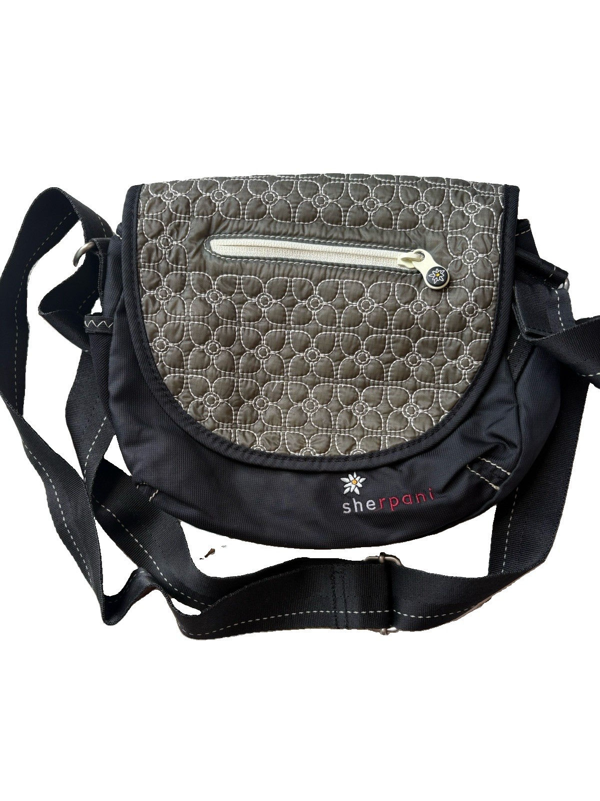 Sherpani Messenger Bag Milli Gray/Beige Embroidered Crossbody Strap Zip Pockets