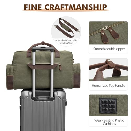 Unisex 56L Duffle Bag Canvas Travel Bag Carry on Leather Trim Army Green