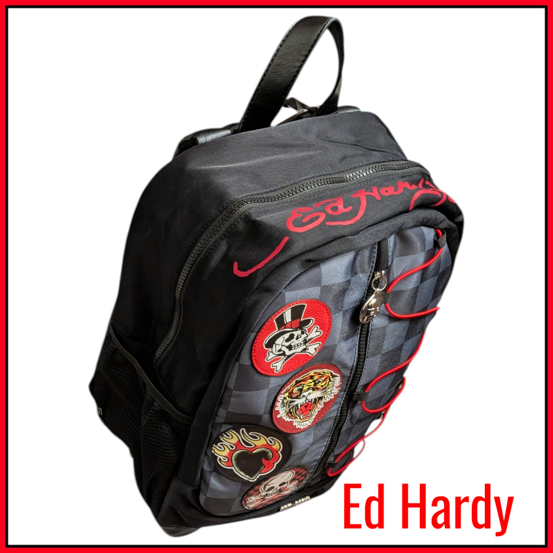 NWT ED HARDY Checkered Backpack with Skull & Tiger Patches