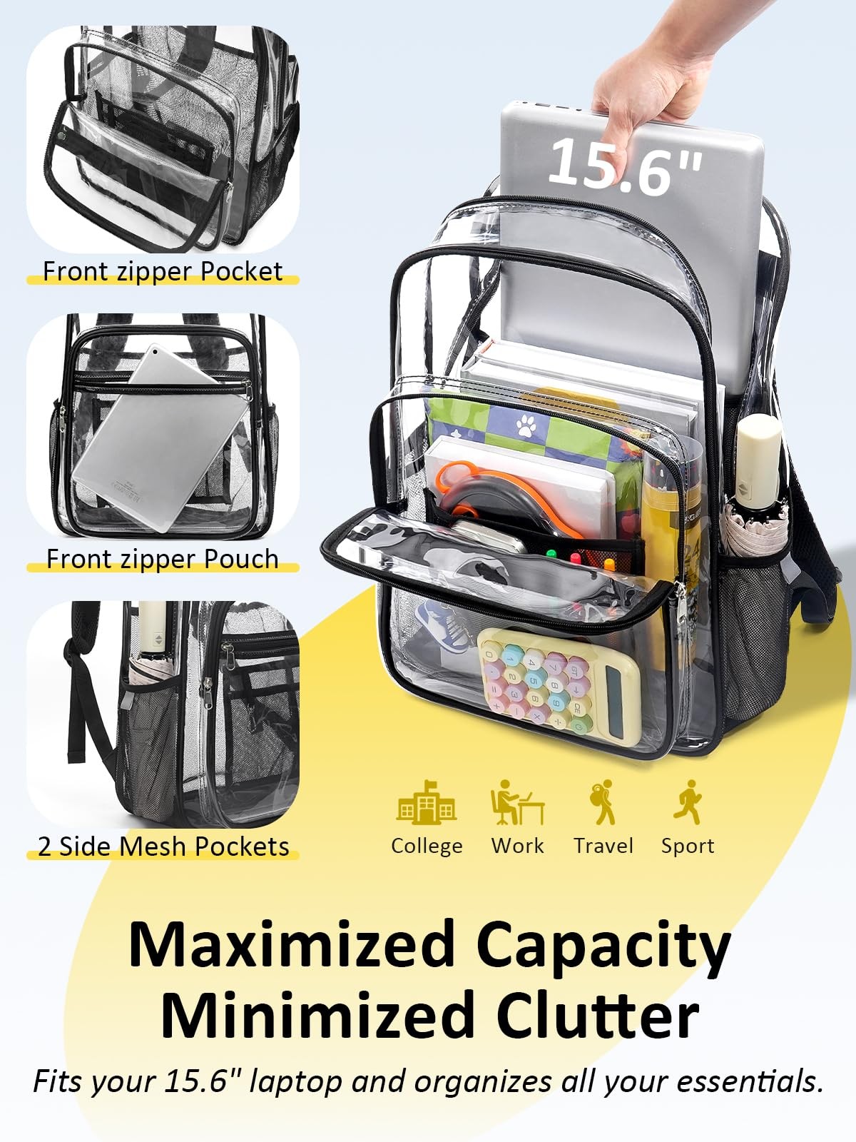 Black 18 Inch Large Heavy Duty Clear Transparent Backpack See Through TSA Lock