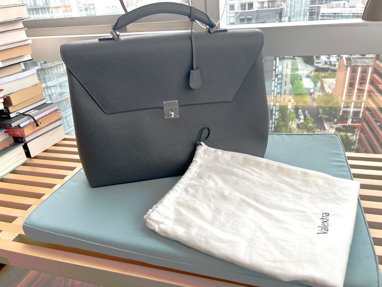 Valextra Avietta Briefcase w/Flap & 24h Zipper, Smokey Grey, New with dust bag