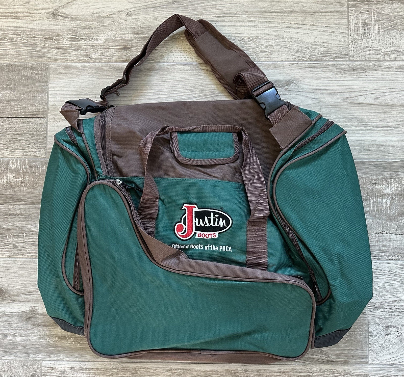 Justin Boots • Wrangler NFR PRCA ProRodeo 2013 Las Vegas green boot duffle bag