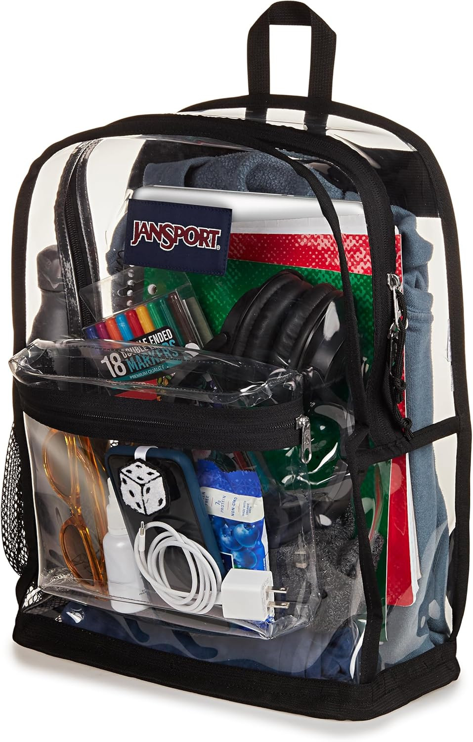 Clear 25.5L Transparent Backpack with Water Bottle Pocket & Zippered Front