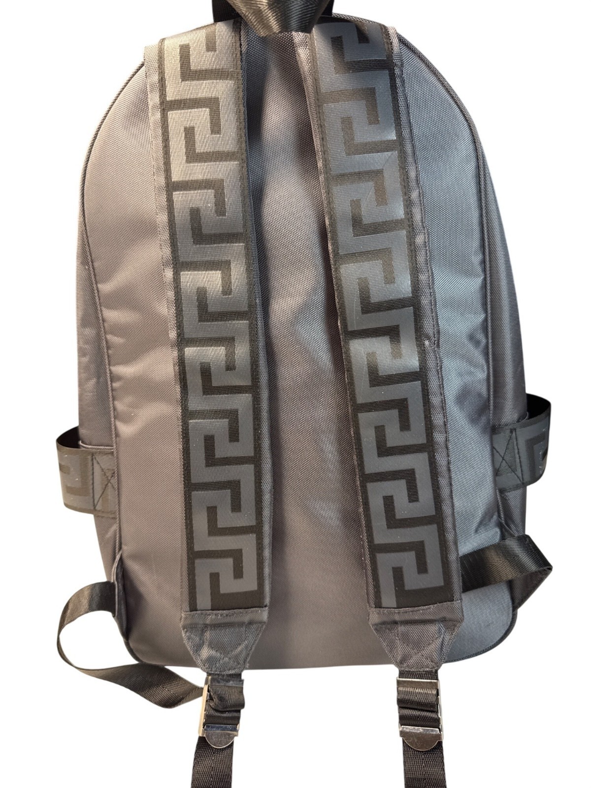 Versace Parfums Gray Backpack W/ Greek Key Straps Front Pocket