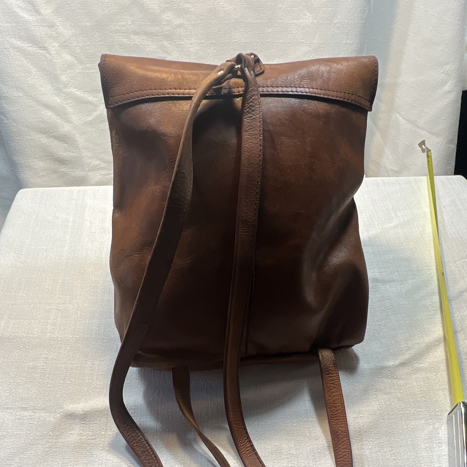Raven + Lily Handmade Leather Foldover Backpack, Cognac Brown, 12″x9″x4″