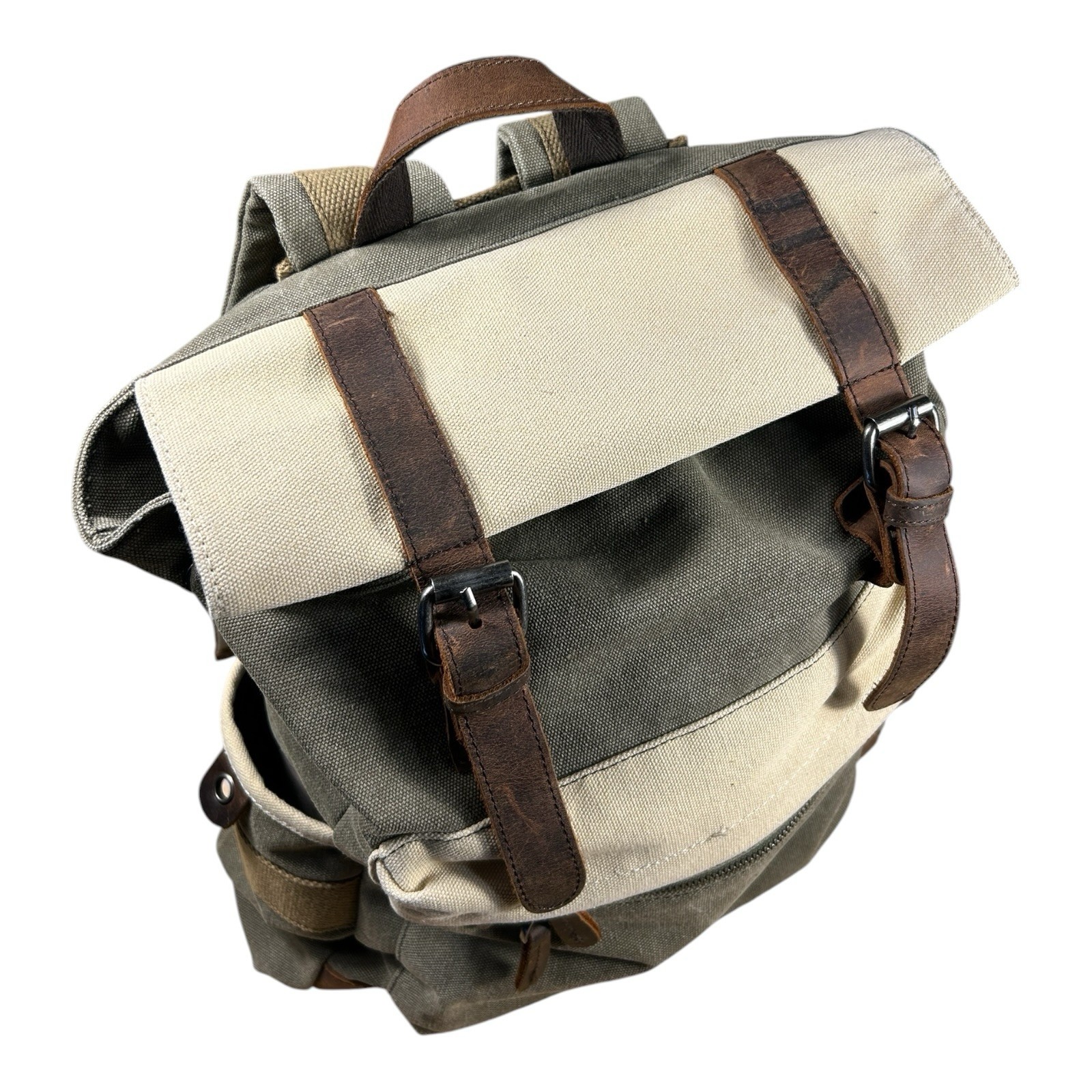 Suvom Canvas Leather Trim Rolltop Backpack Olive Khaki Two-Tone EUC