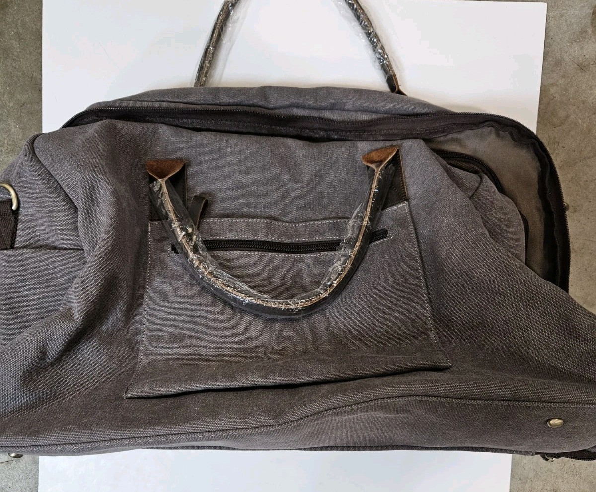 S-Zone Duffel Bag Weekender Leather Handles Heavy Canvas Strap Grey Blue Zip