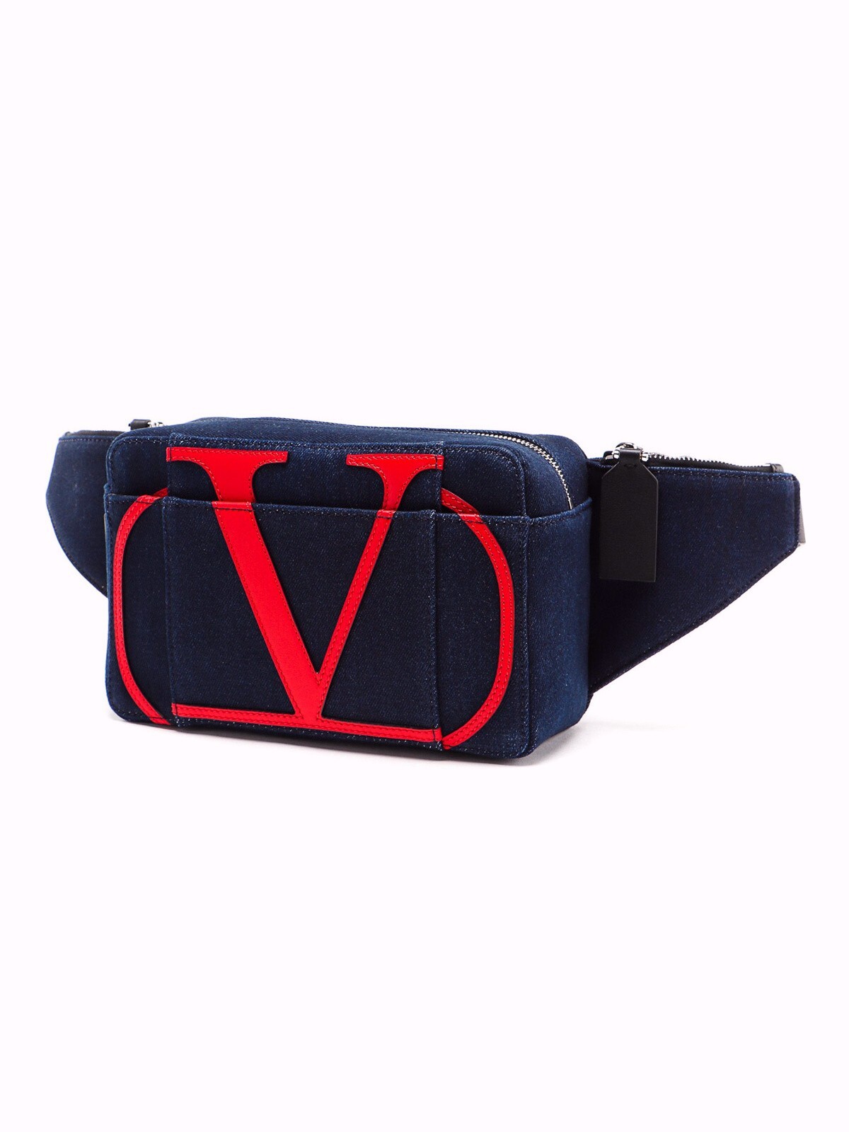 (NO CUSTOMS TAX) VALENTINO Garavani Vlogo blue & red denim & leather belt bag