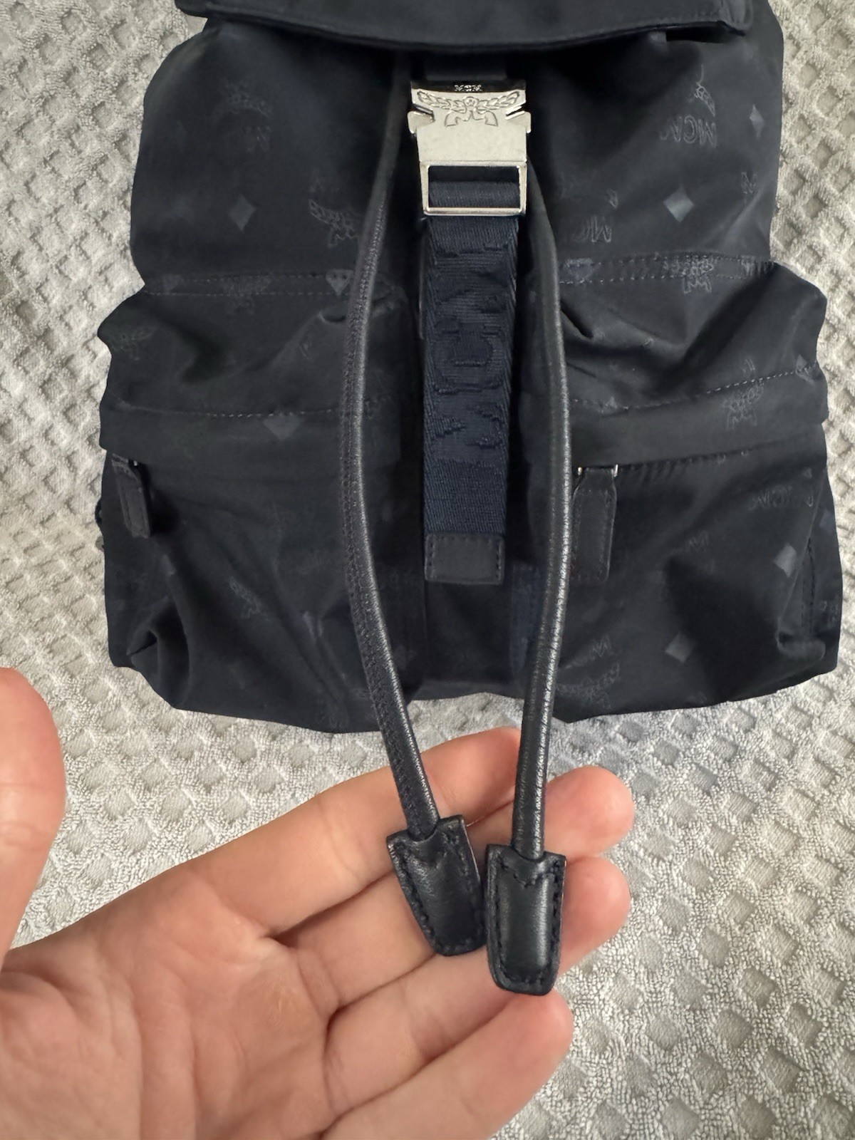 MCM Dieter Two Pocket Monogram Visetos Nylon Leather Flap Backpack Navy Blue Bag