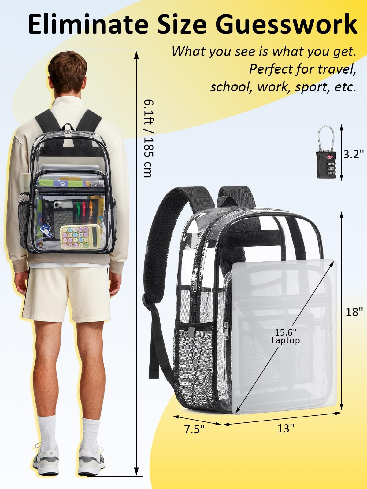 Black 18 Inch Large Heavy Duty Clear Transparent Backpack See Through TSA Lock