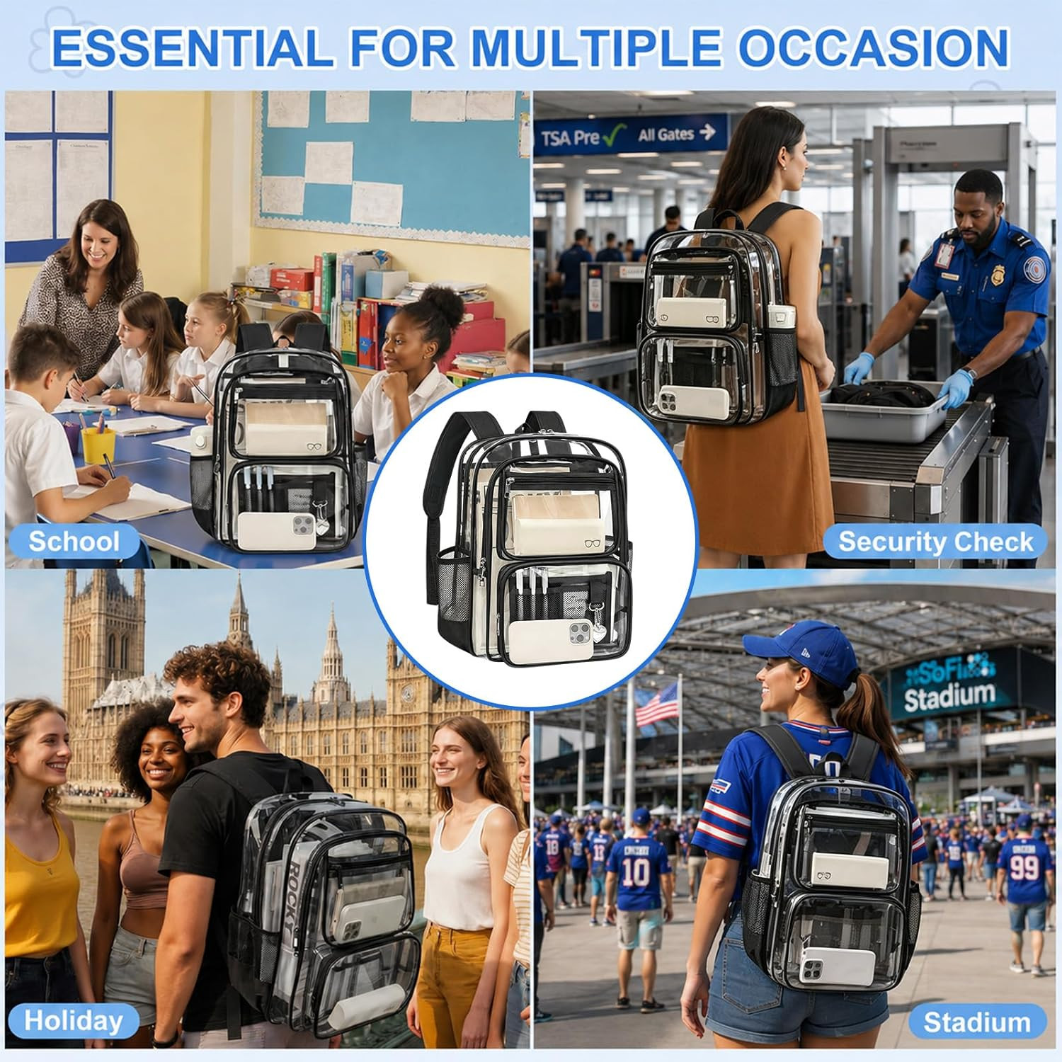 Clear Backpack for School, Large Heavy Duty Clear Bookbag with Luggage Strap & S