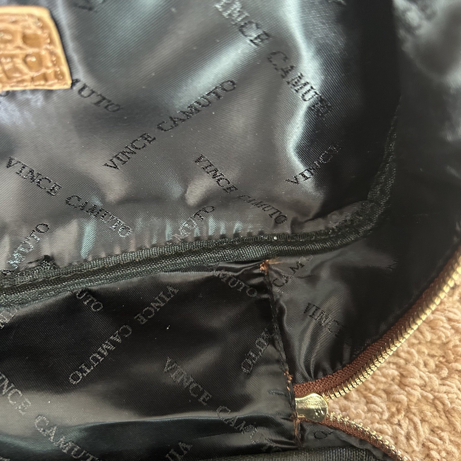 Vince Camuto Brown Crocodile Embossed Zip Around Toiletry Bag w Handle