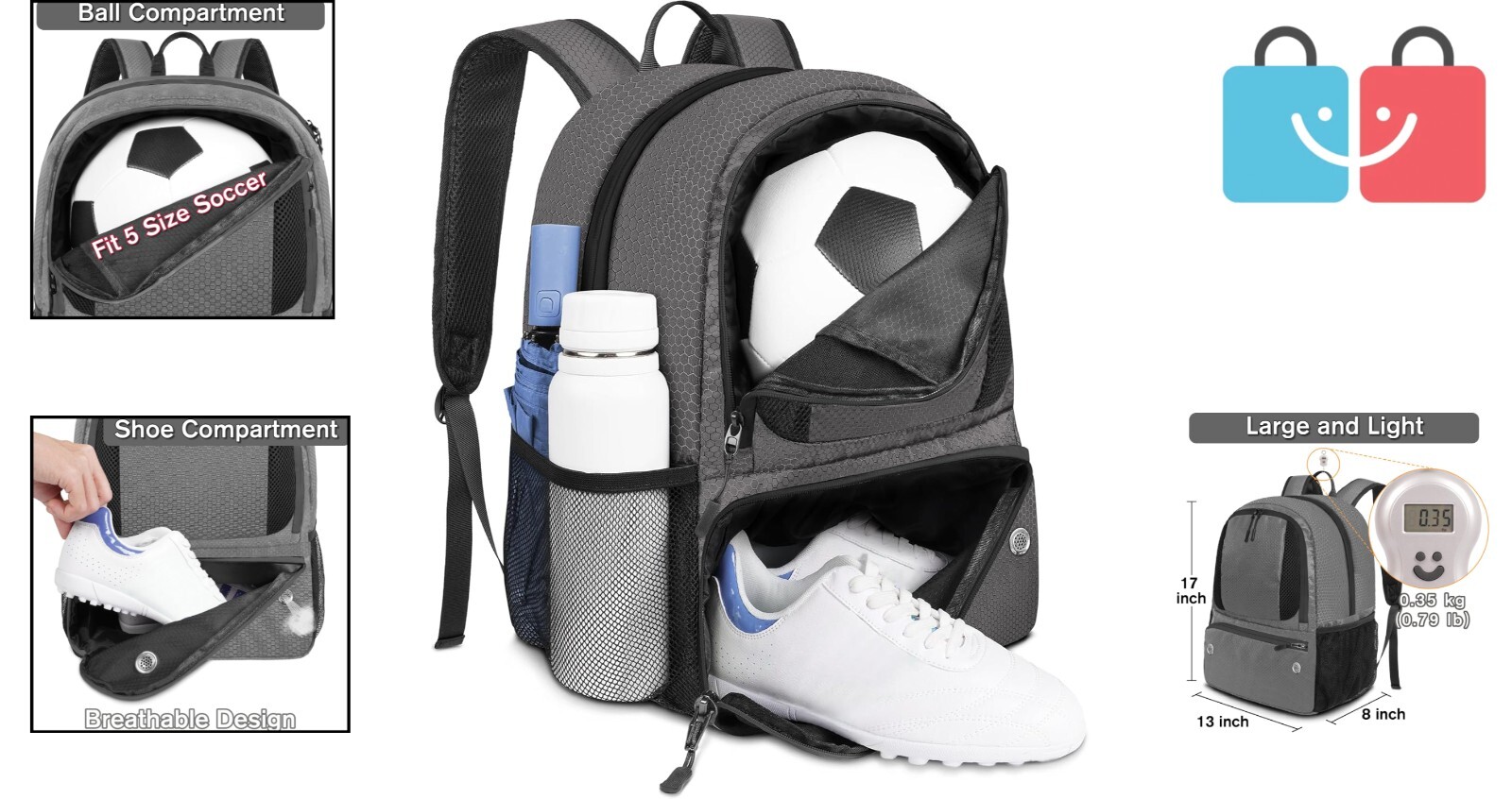 Water-Resistant Soccer & Multi-Sport Backpack – Fits Basketball, Football & More
