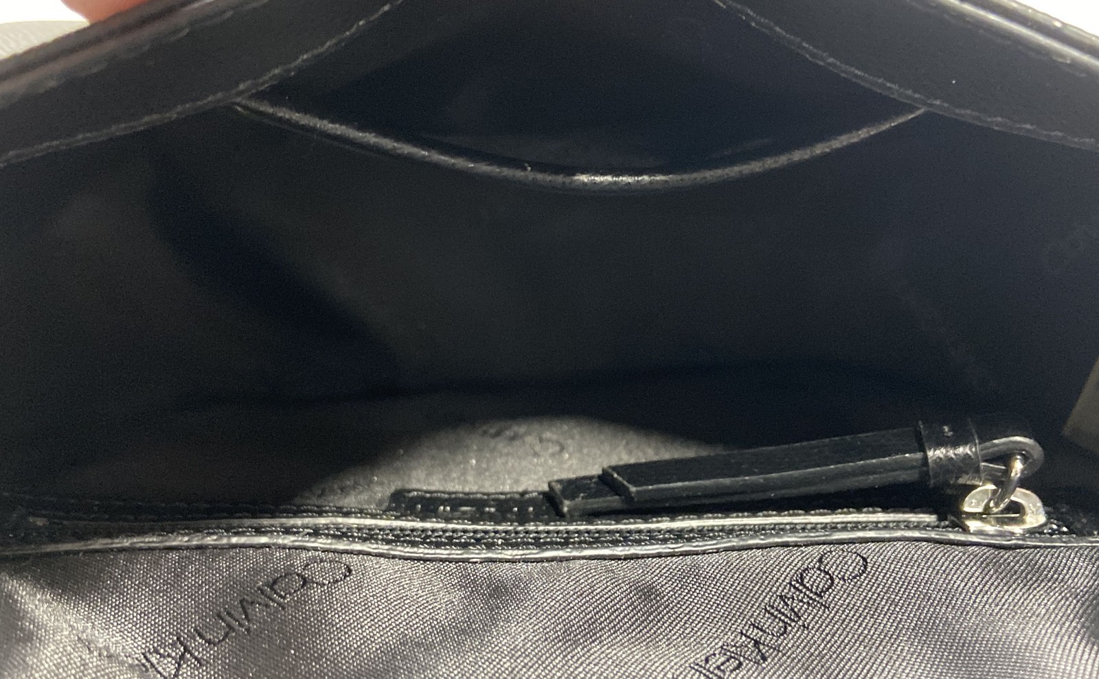 Calvin Klein Black Pebbled Crossbody Bag Striped Webbing Strap Silver Hardware