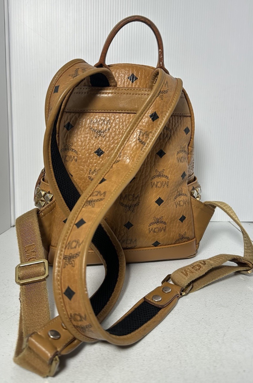 MCM Visetos Side Studs Small Backpack Camel Brown Leather Logo Studded Bag