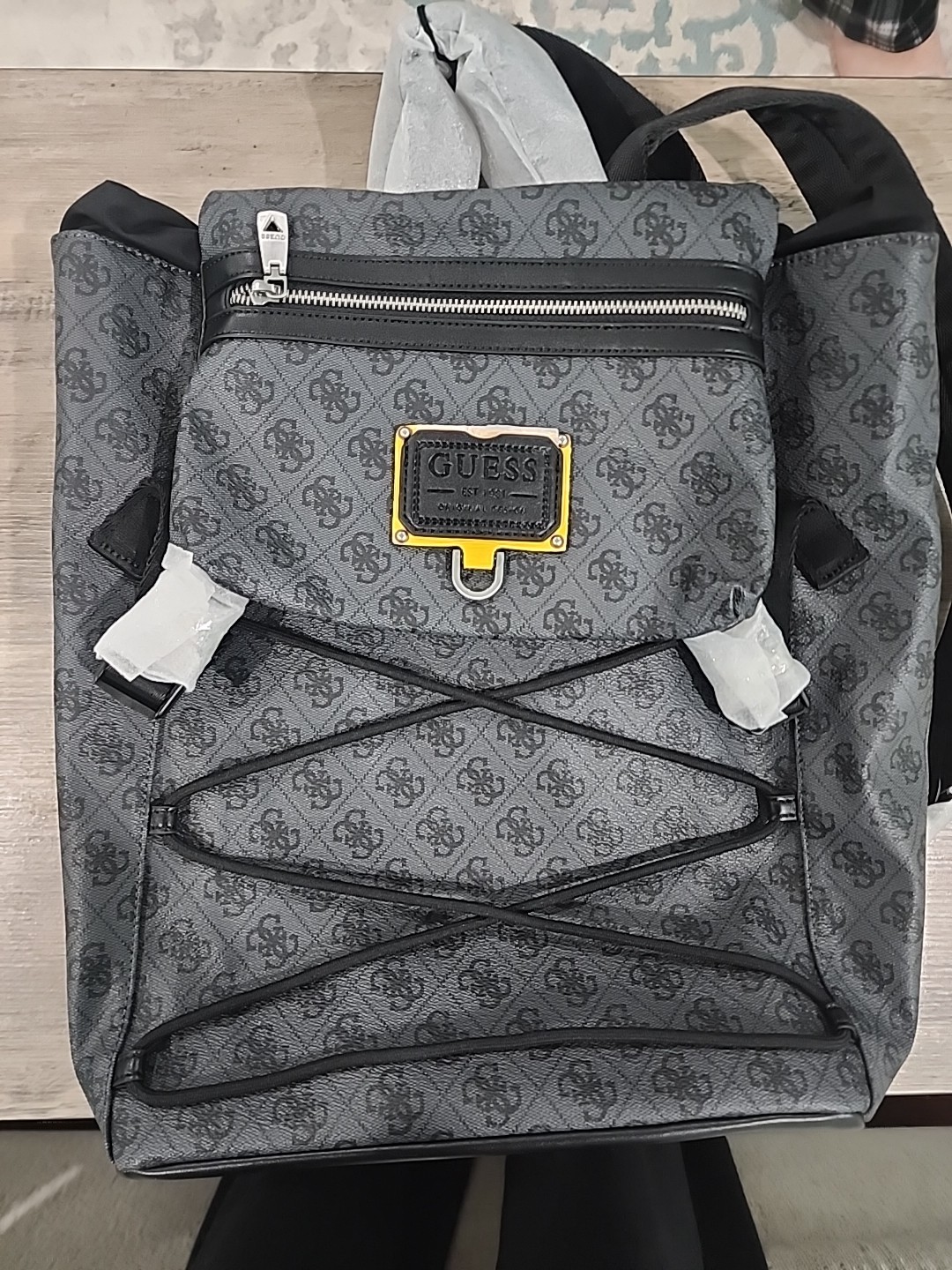 GUESS Salameda Logo Backpack Grey Blaster Wash Utility Drawstring Laptop Pocket