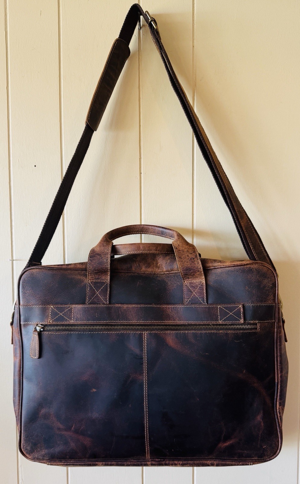 KomalC Full Grain Leather Messenger Laptop Bag 18” Brown Distressed Briefcase EC