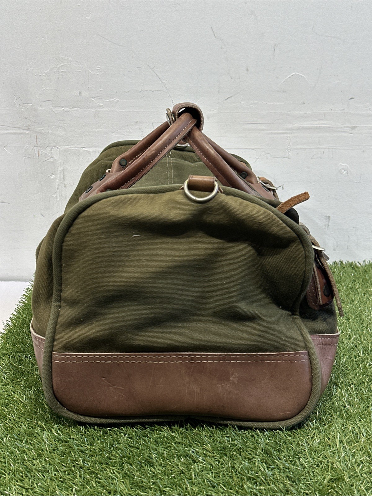 VNTG Orvis Duffle Bag Canvas Leather Green Brown Travel Weekender Luggage Large