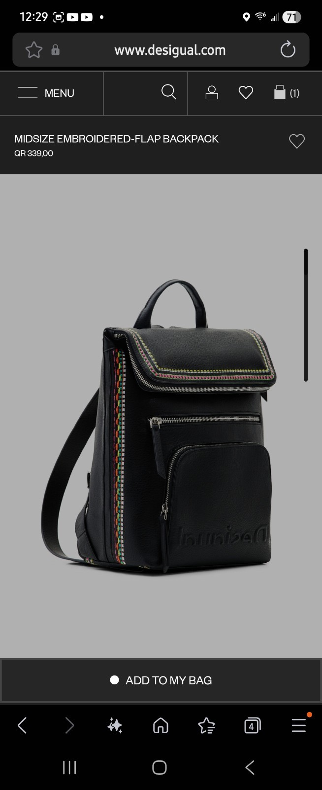 Midsize backpack,multicoloured embroidery,magnetic flap closure, zip, pockets.