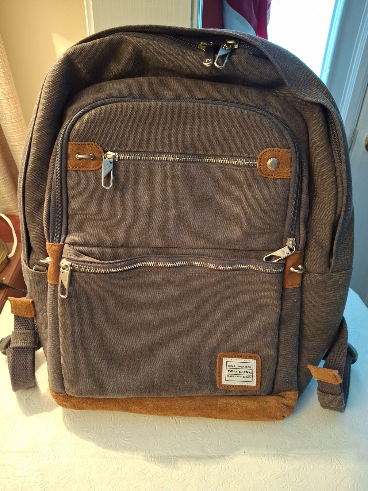 Travelon AntiTheft Heritage Collection Laptop Backpack Gray Canvas w/Suede Nw/oT