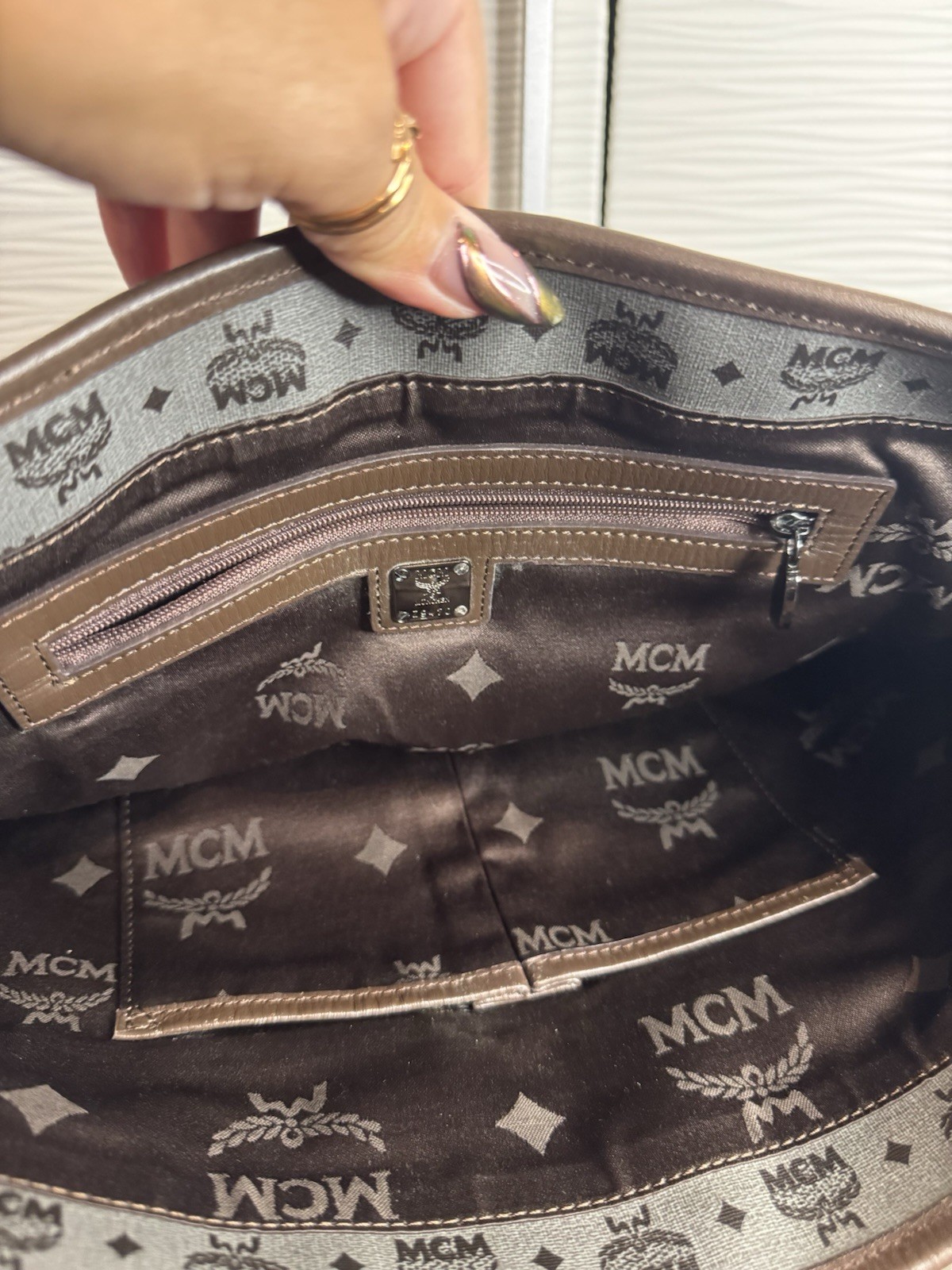 Authentic MCM Visetos Messenger / Crossbody Bag (Grey/Dark Brown)