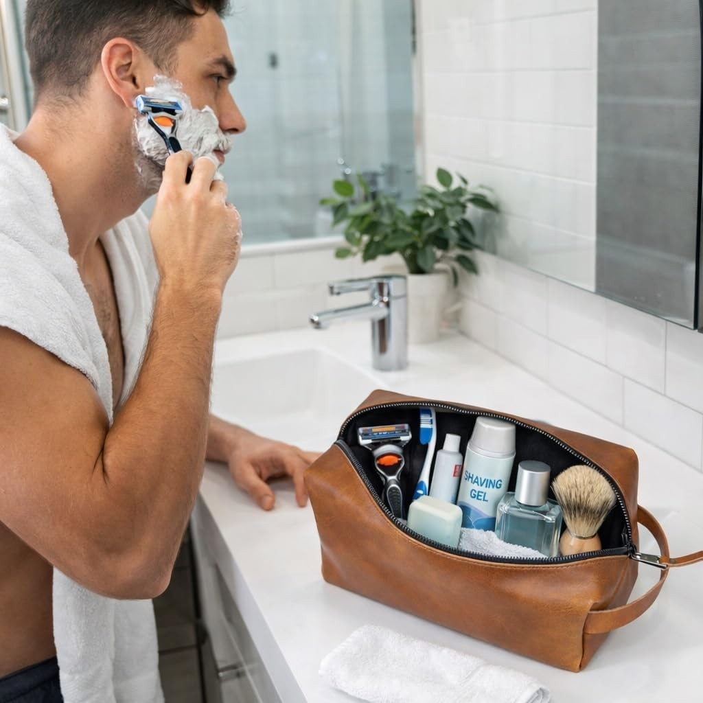 Genuine Buffalo Leather Toiletry Bag Travel Dopp Kit Shaving Case For Men Women