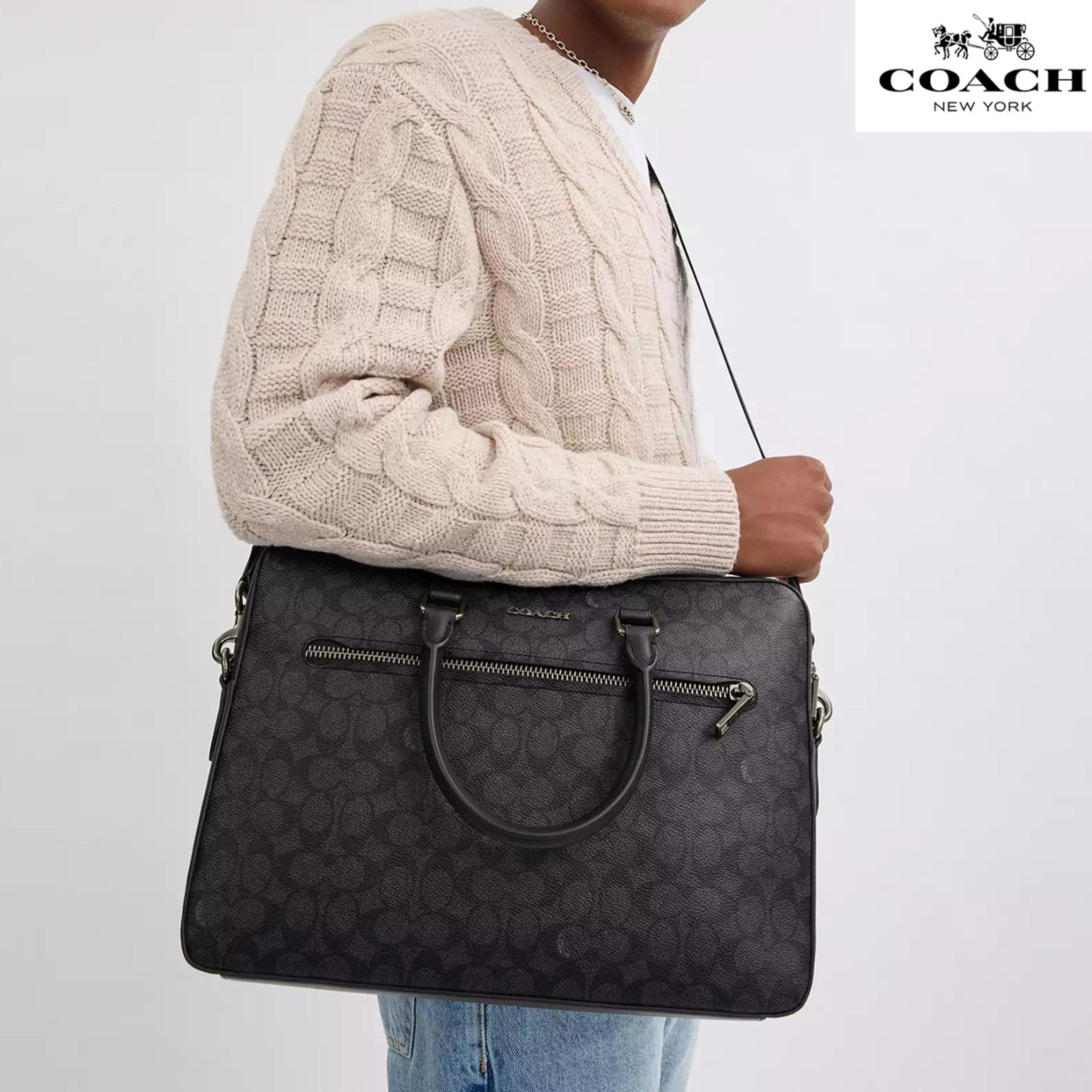 Coach Ethan Slim Brief In Signature Canvas for laptop Gunmetal Charcoal Black