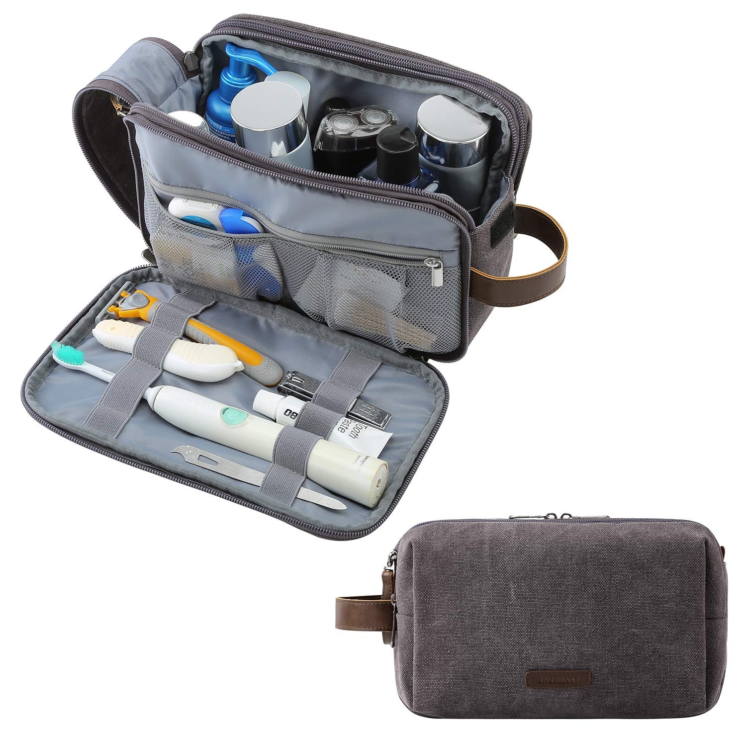 BAGSMART Toiletry Bag for Men, Canvas Travel Organizer Large, Grey