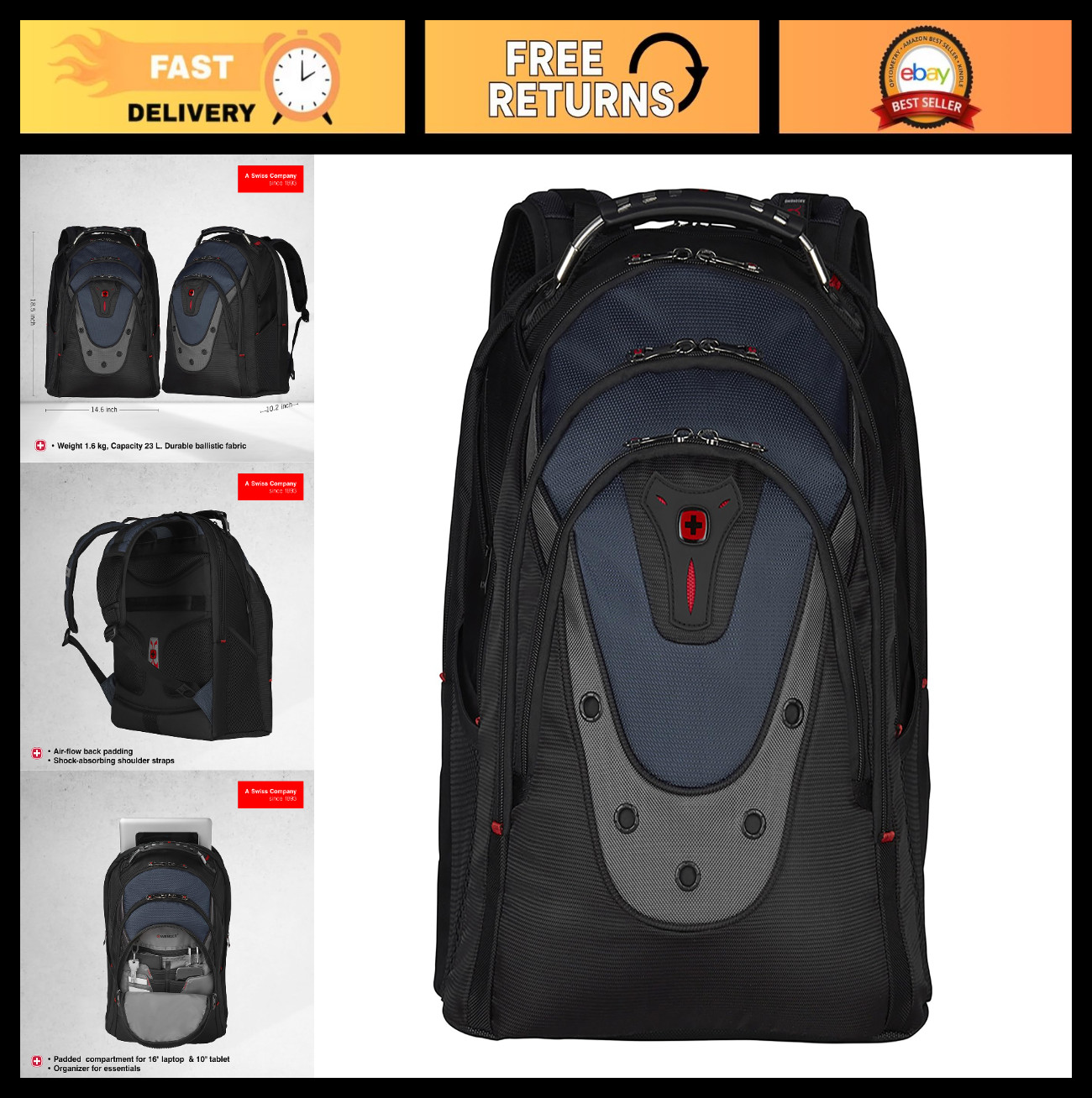 17″ Laptop Backpack for Men & Women, Stylish Black/Gray/Blue Bag, Durable & Spac