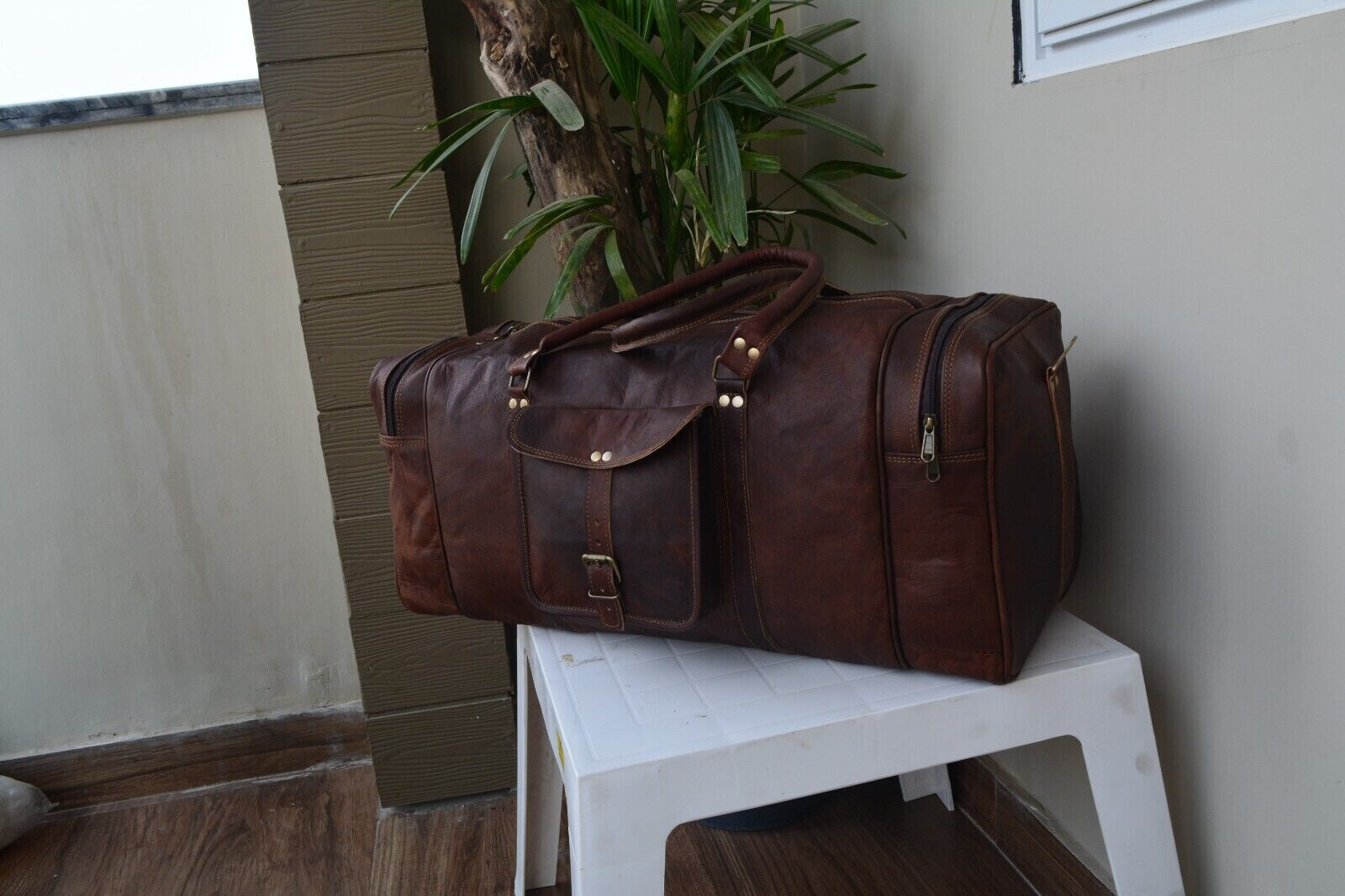 Distressed goat leather duffle carry-on-bag travel for men satchel sports brown