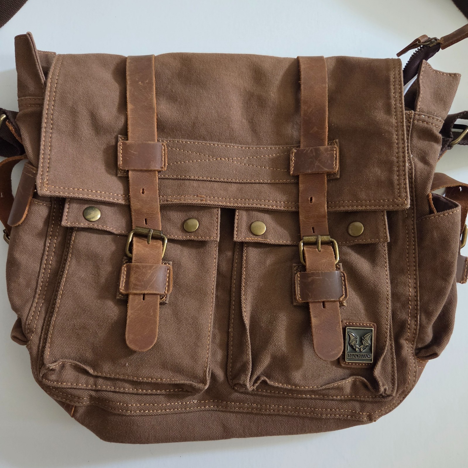 Military Canvas Leather Men Messenger Bag Shoulder Crossbody Bag Sturdy Muchuan
