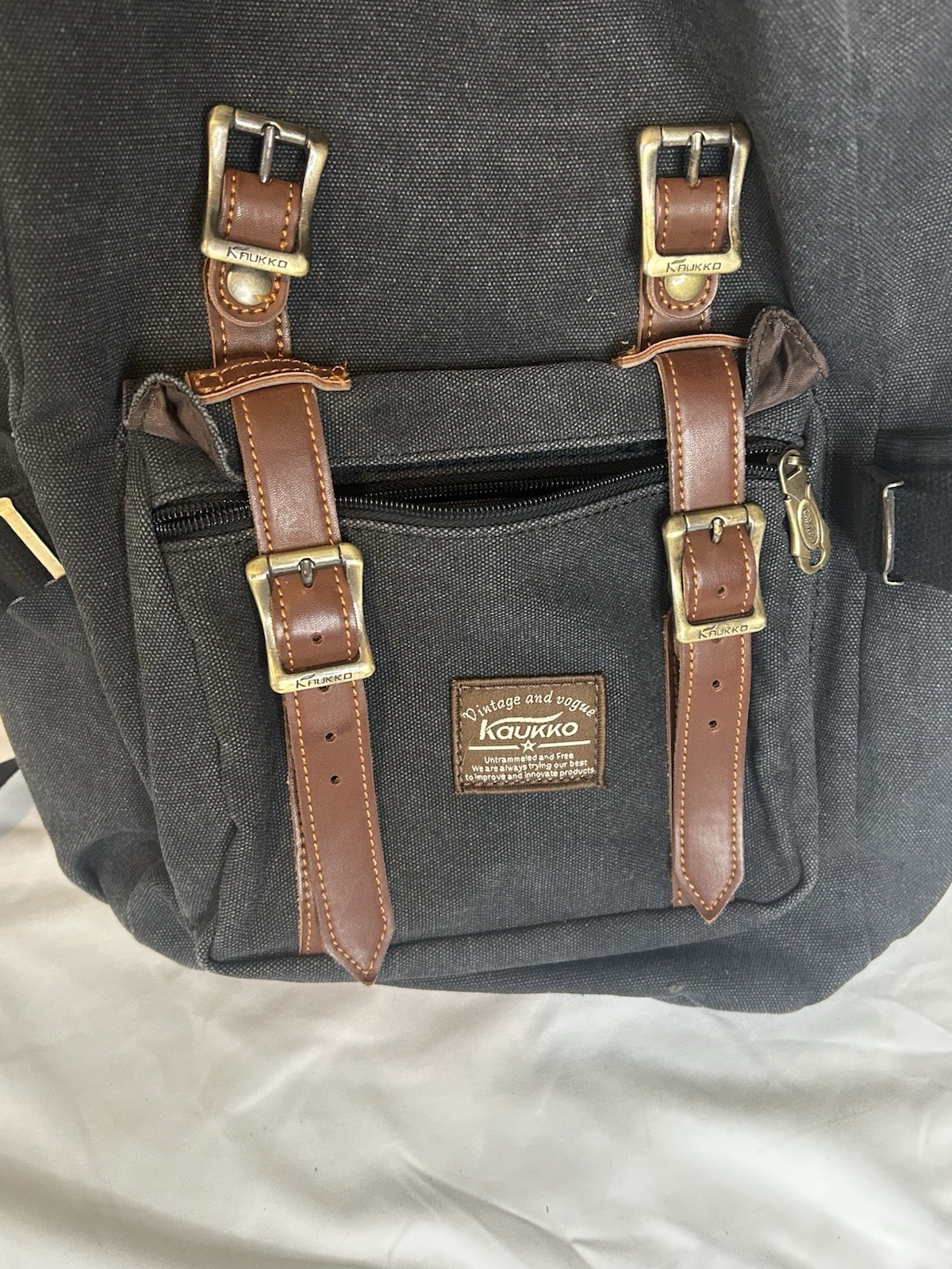 Kaukko Vintage Canvas Backpack Black Brown Strap Laptop Travel School Bag