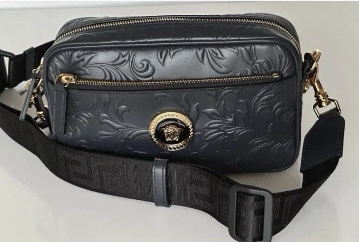 Versace Medusa Head Embossing Calf Leather Blue Crossbody Bag 1005464 IT NWT
