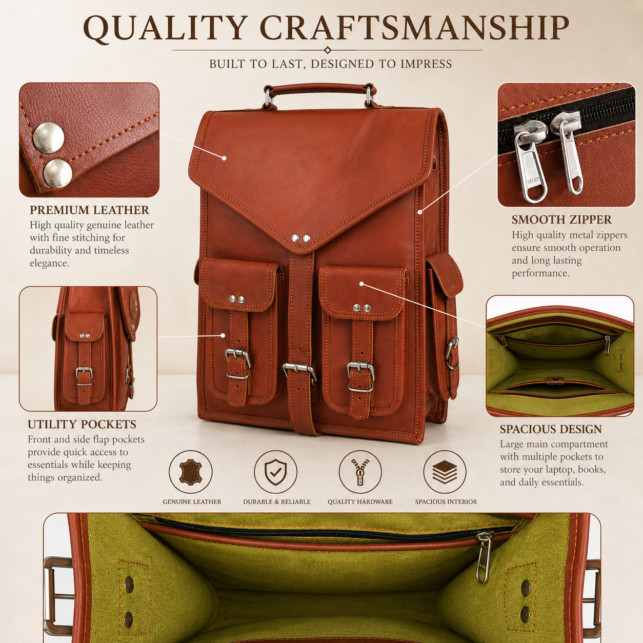 Vintage Leather Laptop Backpack Messenger Bag 16″ Convertible Rucksack Satchel