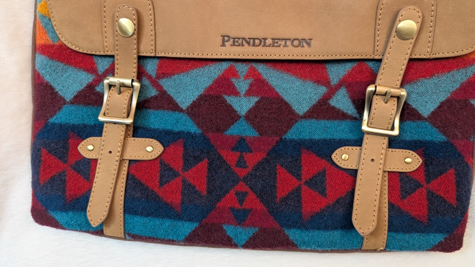 Vtg Pendleton Leather blue red wool Messenger Laptop Bag crossbody EUC