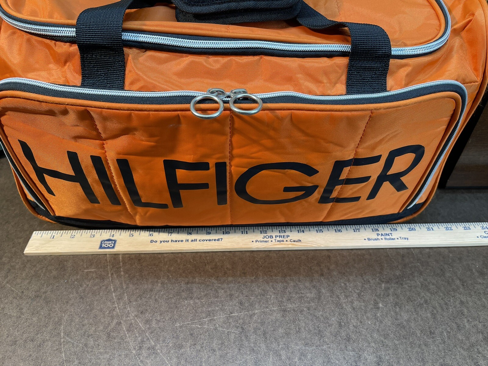 Rare Tommy Hilfiger Spellout Black and Orange Duffel Gym Bag 21 inches Long