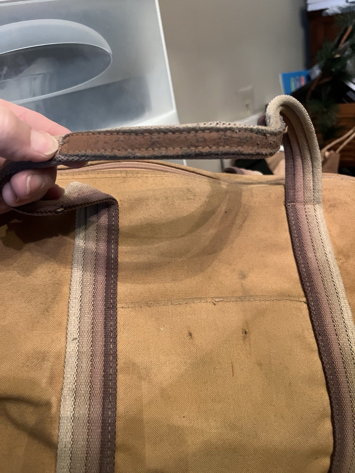 Vintage 1970’s Distressed Tan Canvas Duffle Bag Leather Straps Used With Holes