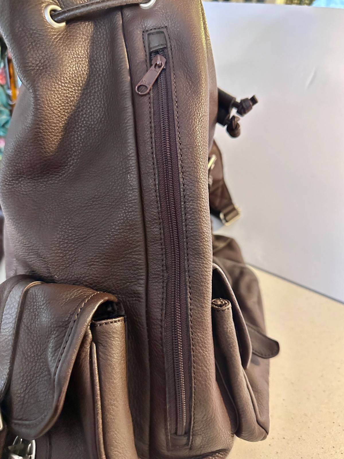 GENUINE LEATHER UNISEX BACKPACK CHOCOLATE BROWN w Multiple Pockets & Drawstring