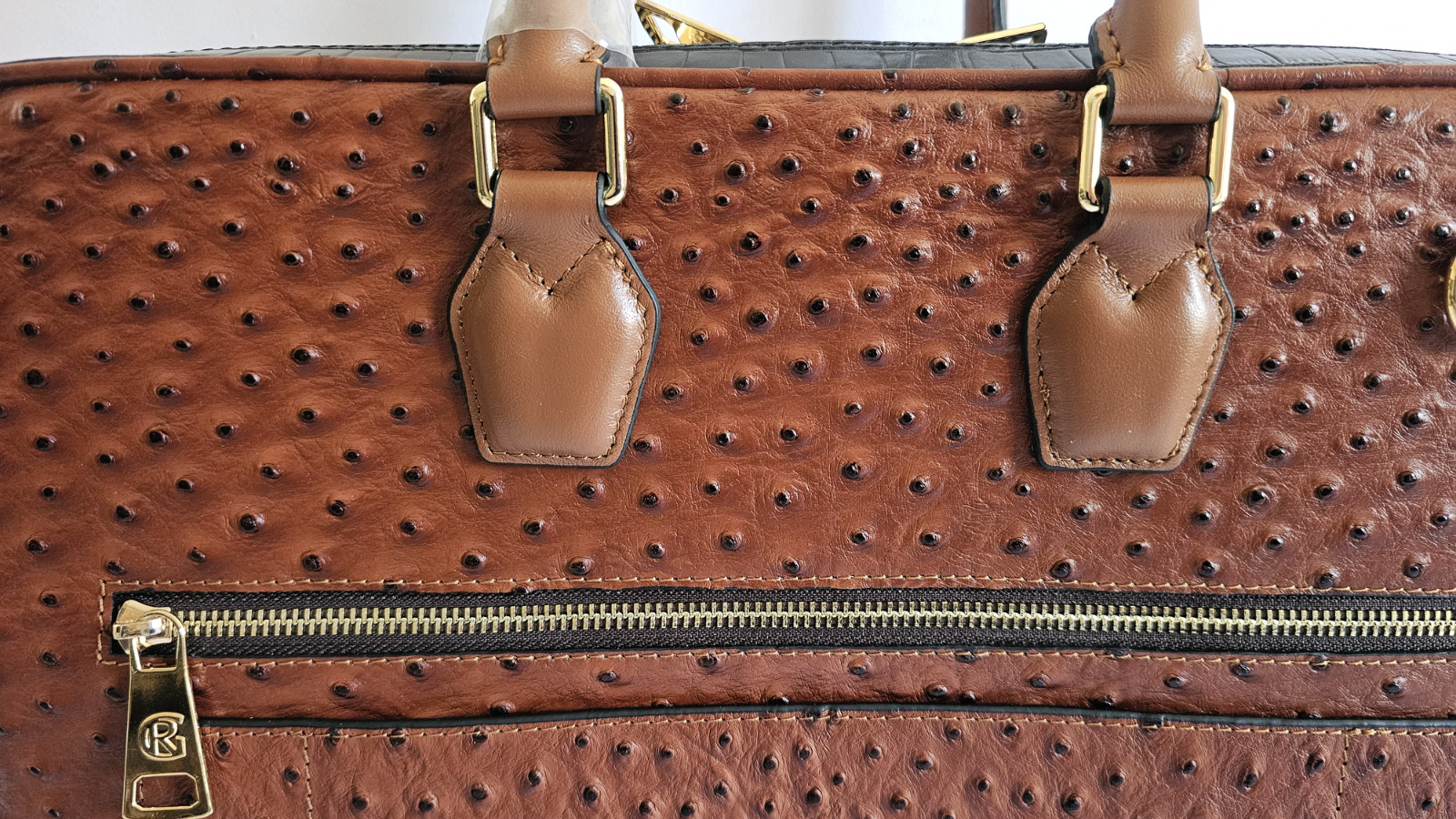 New GIROTTI Men’s Briefcase Brown Ostrich & Black Croc-Stamped Leather W/ Strap