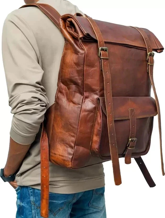 24″ Men X Large Vintage Real Explore Leather Bag Rucksack Backpack Dark Brown