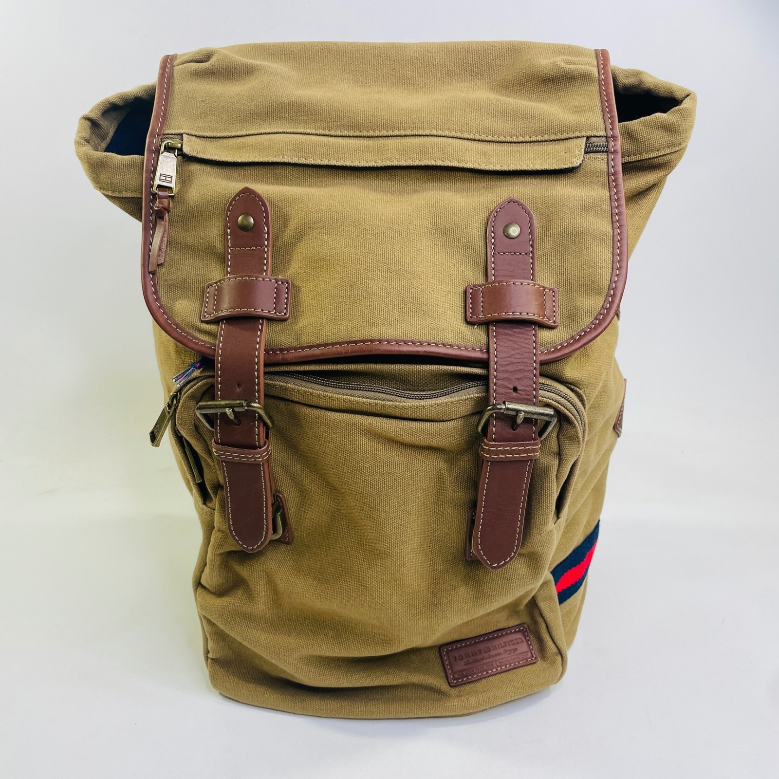 Tommy Hilfiger Canvas Rucksack Backpack Khaki Tan Brown Leather Trim Laptop Bag