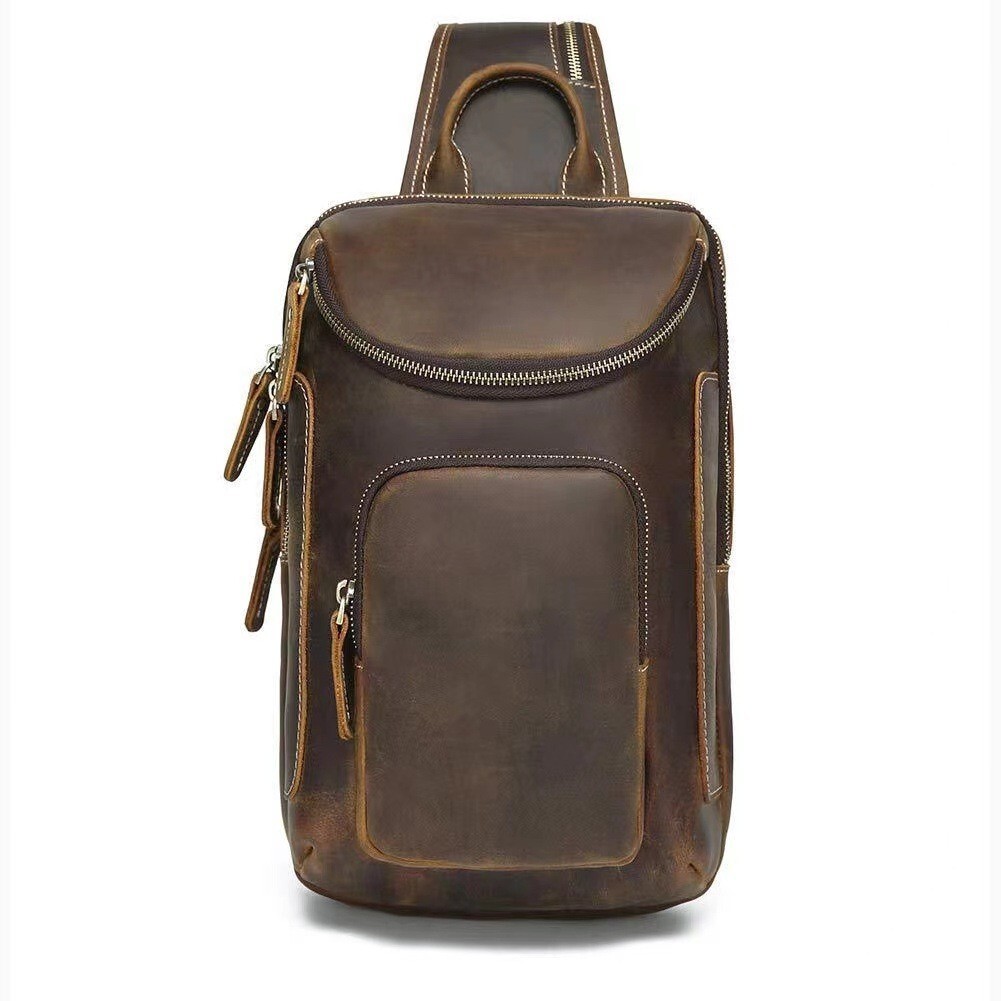 Men’s Genuine Leather Chest Bag Vintage Sling Bag Crossbody Shoulder Bag Casual