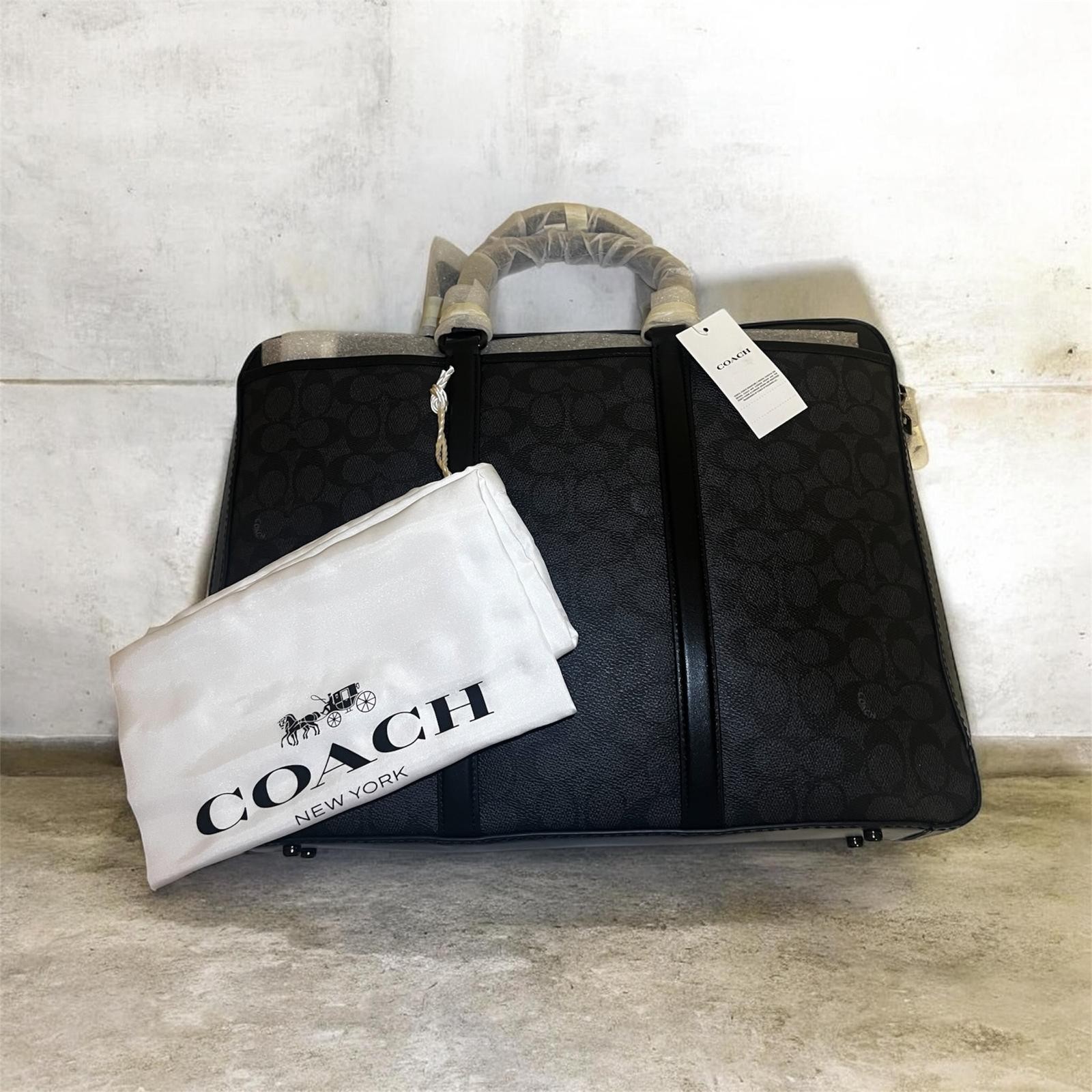 NWT Coach Men’s Metropolitan Slim Briefcase C2693 Charcoal Signature Canvas Leat