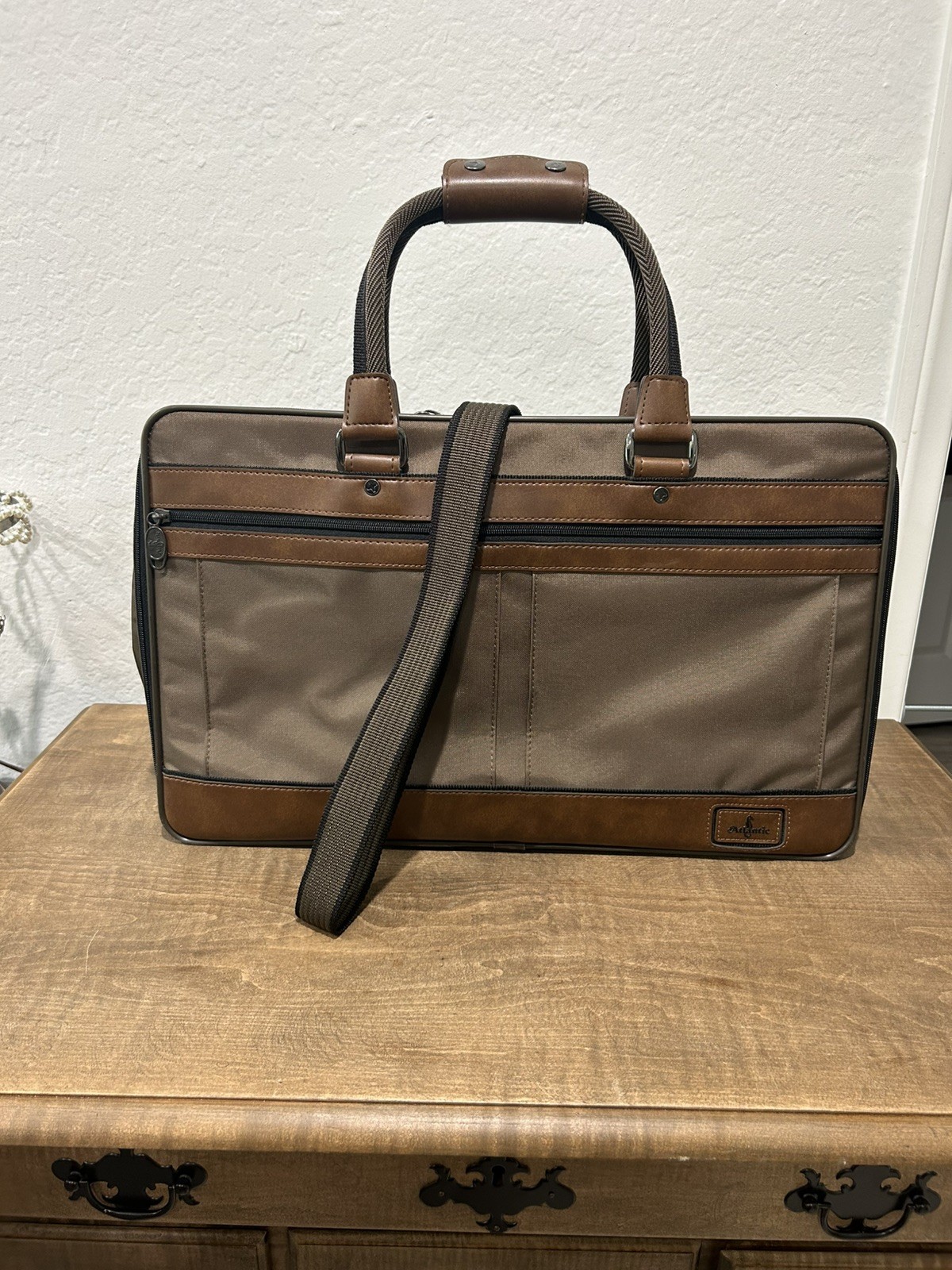 Atlantic Men’s Messenger Briefcase Bag Tan Canvas/ Brown Leather