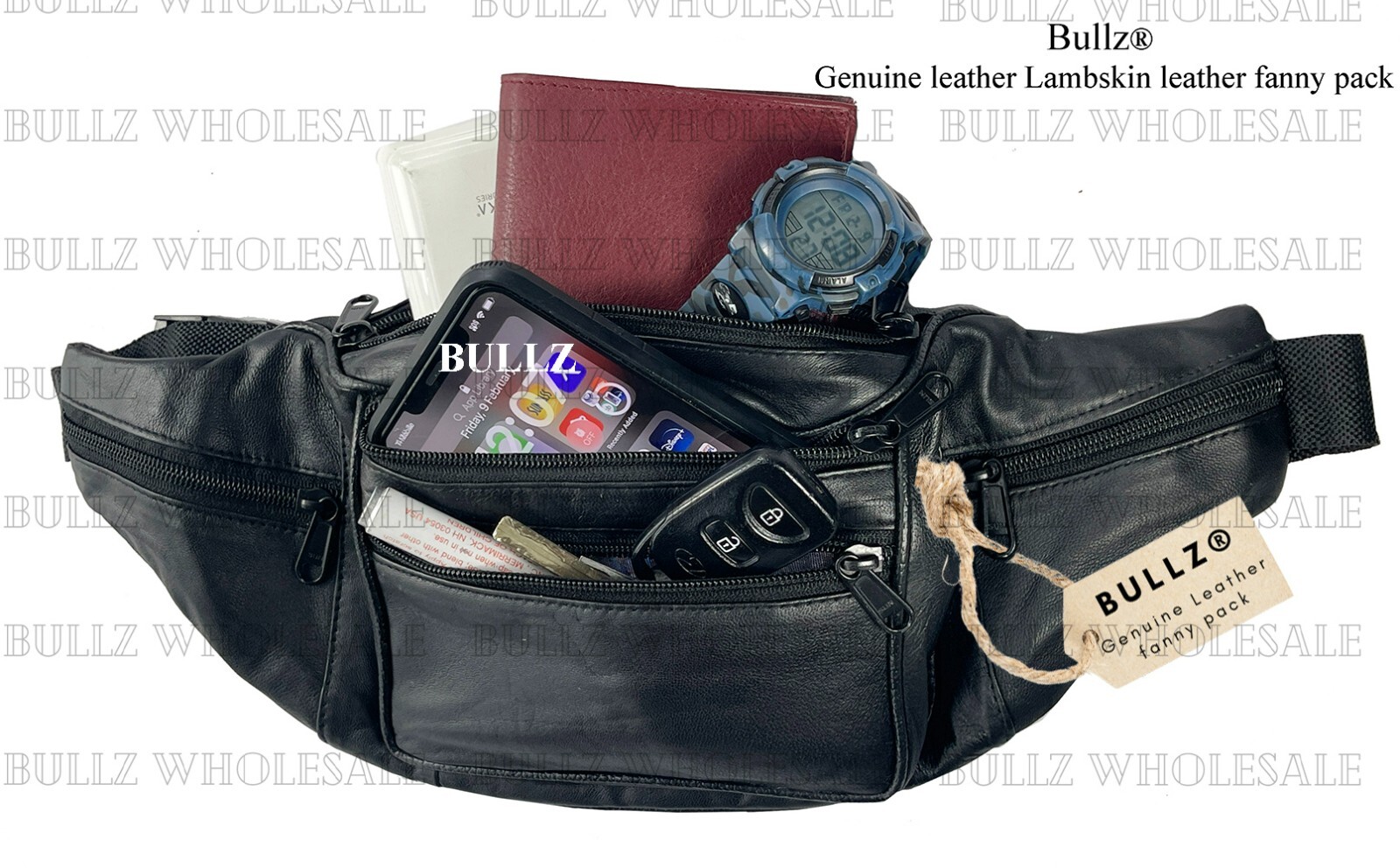 Bullz Lambskin Leather Medium Fanny Pack Travel Organizer Waist Bag