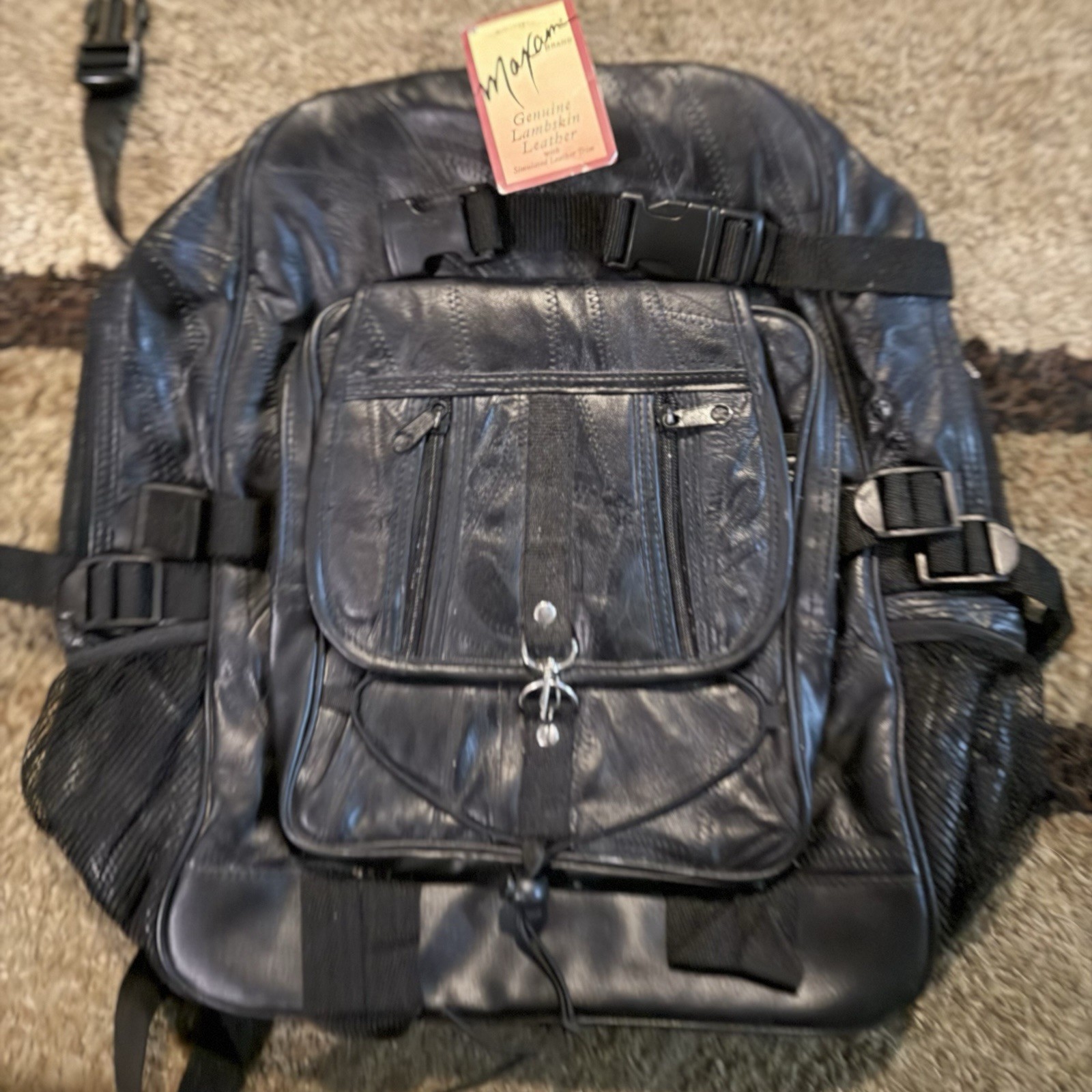 Vintage Genuine Black Lambskin Leather Backpack Maxam Brand Italian Mosaic