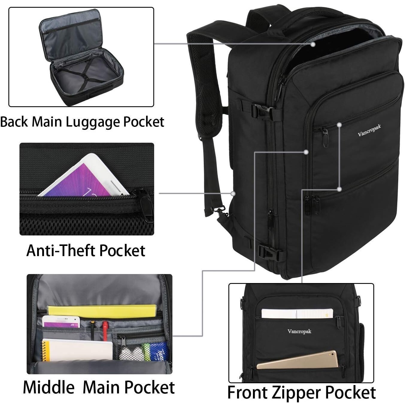 TRAVEL BACKPACK Vancropak 40L Flight Appvd Carry On Water Resistant Expandable